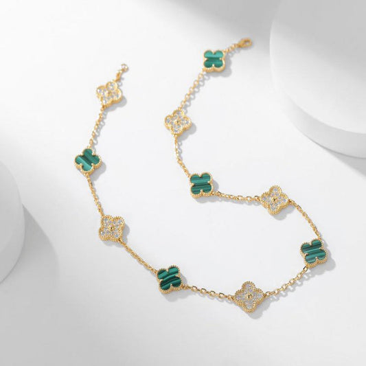 [Elitejewels]CLOVER 10 MOTIF MALACHITE DIAMOND NECKLACE