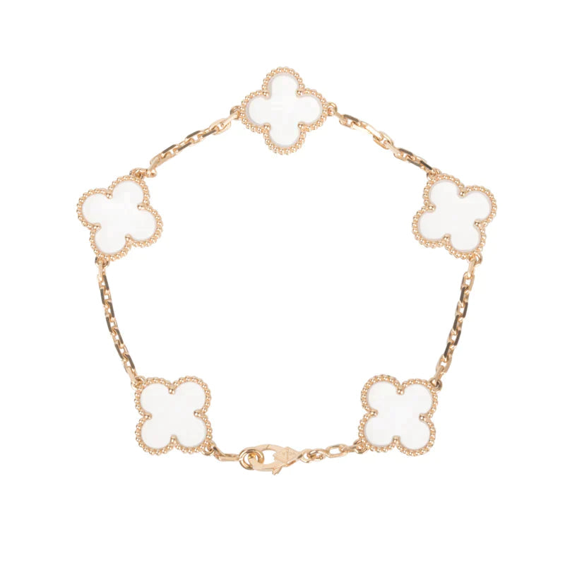 [Elitejewels]CLOVER 5 MOTIF ROCK CRYSTAL PINK GOLD BRACELET