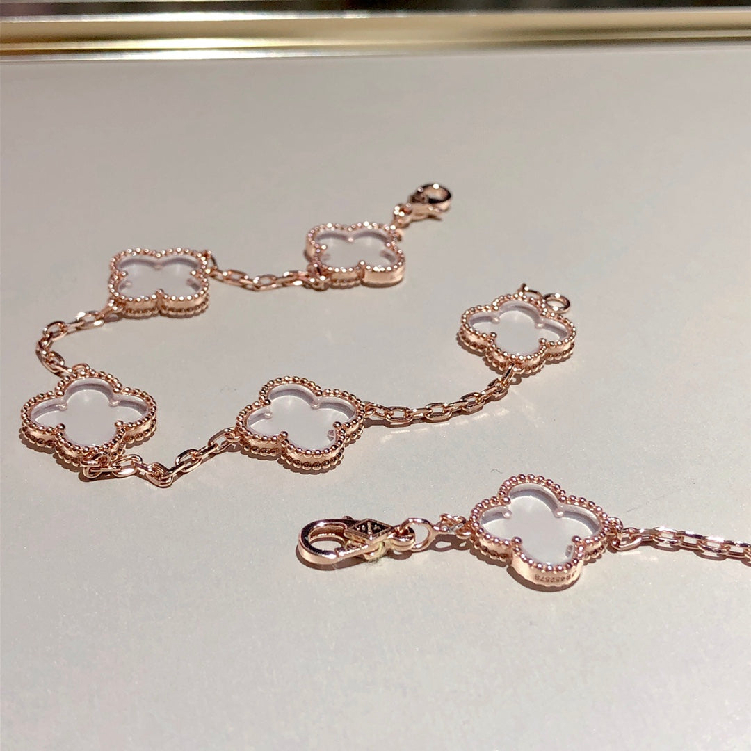 [Elitejewels]CLOVER 5 MOTIF ROCK CRYSTAL PINK GOLD BRACELET