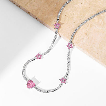 [Everoly JW]Schillernde rosa Herzblumen-Halskette