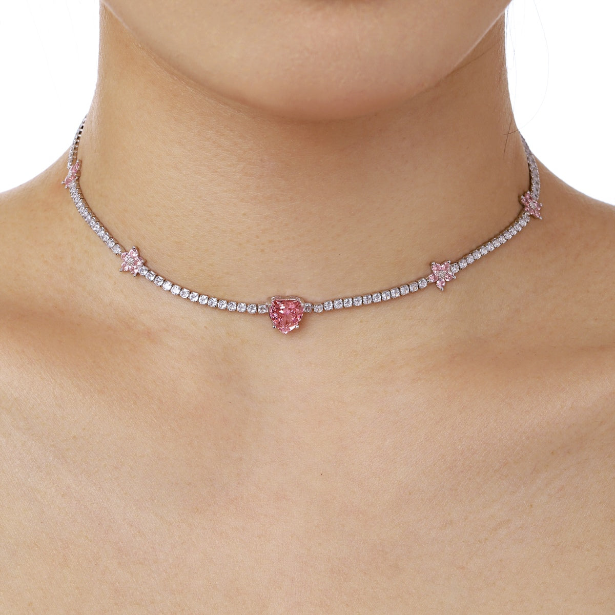 [Everoly JW]Schillernde rosa Herzblumen-Halskette