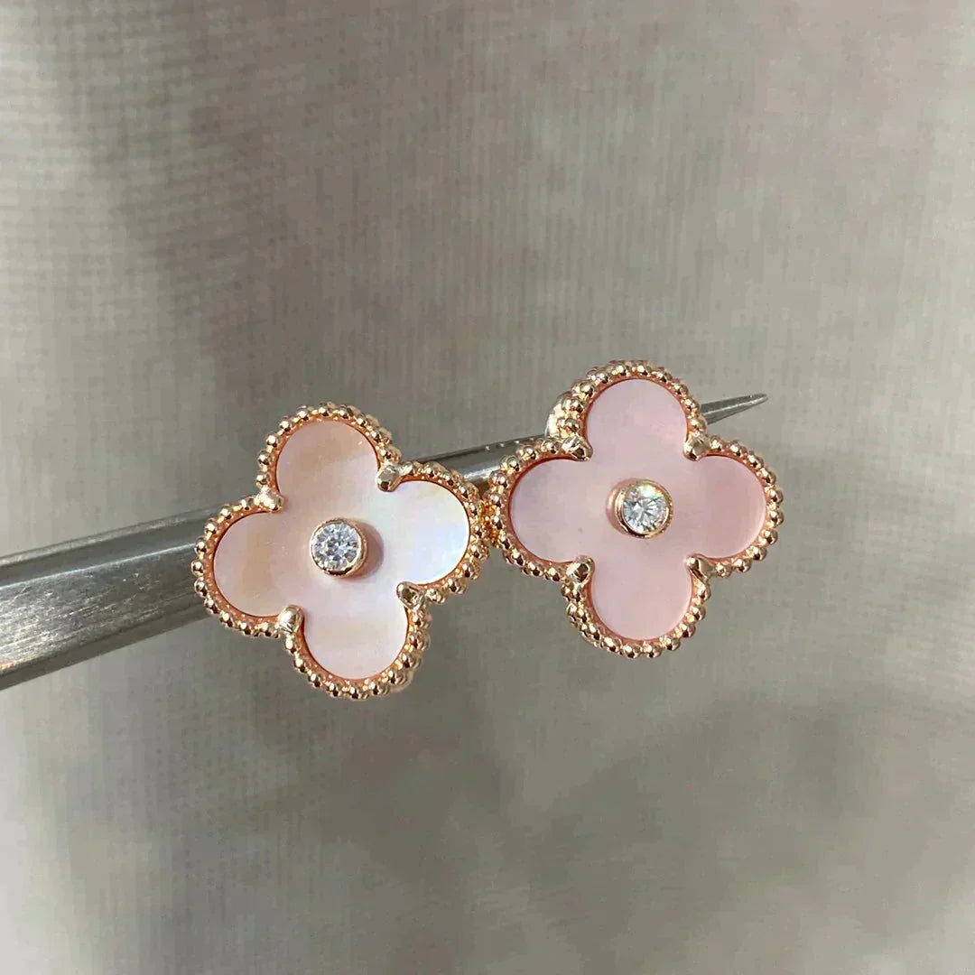 [Elitejewels]CLOVER MEDIUM 1 MOTIFS  PINK MOP DIAMOND EARRINGS