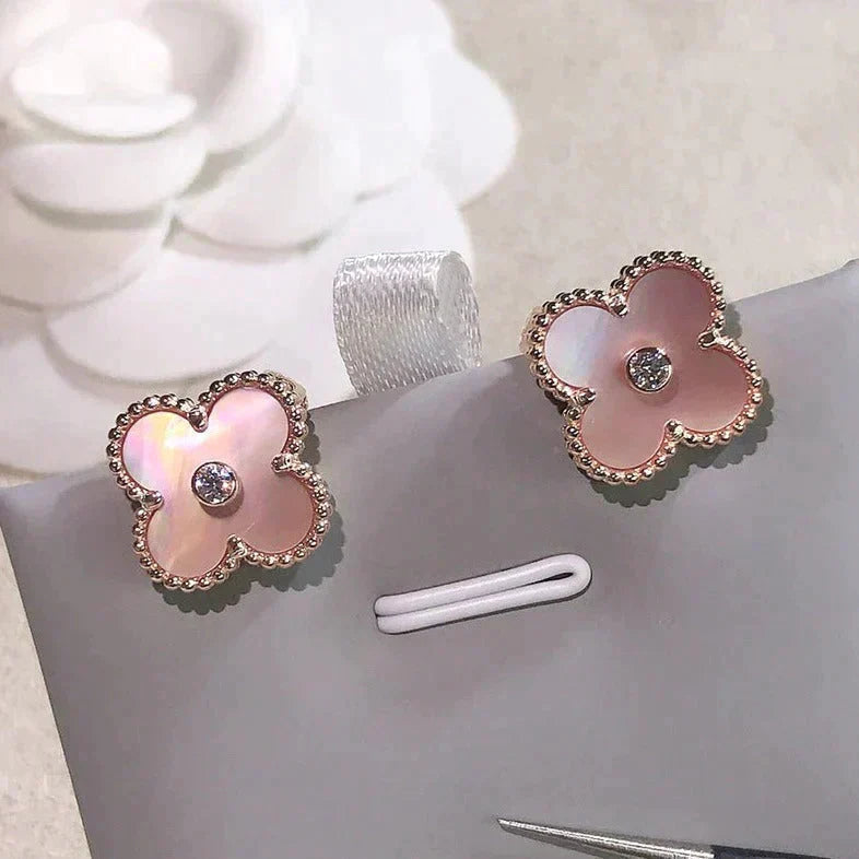 [Elitejewels]CLOVER MEDIUM 1 MOTIFS  PINK MOP DIAMOND EARRINGS