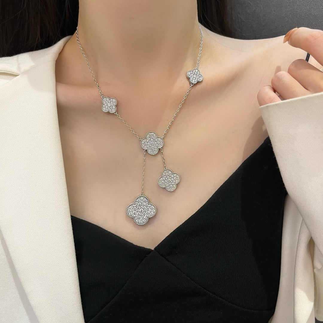 [Elitejewels]CLOVER 5 MOTIFS SILVER DIAMONDS NECKLACE