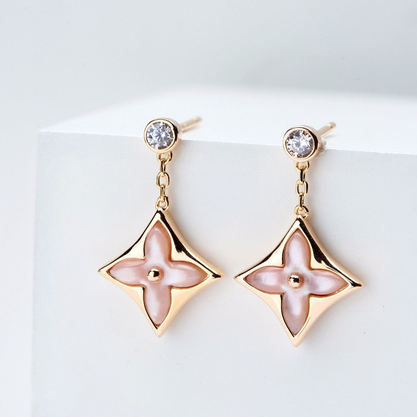 [Elitejewels]DOUBLE STAR PINK GOLD MOP DROP EARRINGS