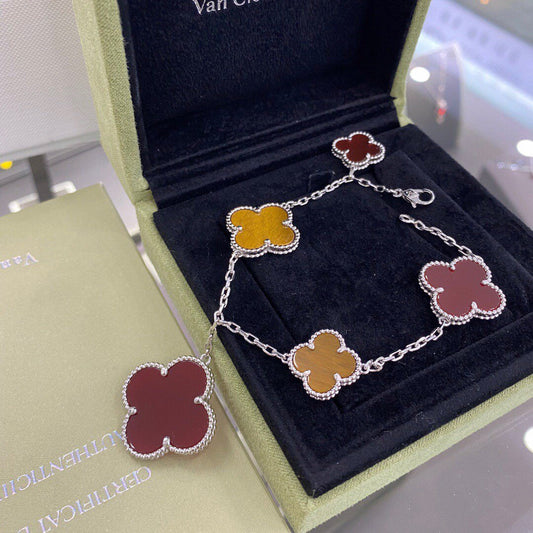 [Everoly JW]クローバー5モチーフシルバーカーネリアンタイガーアイブレスレット