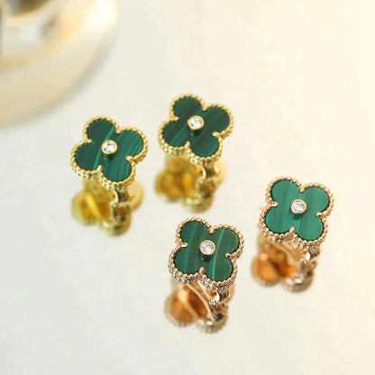 [Elitejewels]CLOVER MEDIUM 1 MOTIFS MALACHITE DIAMOND EARRINGS