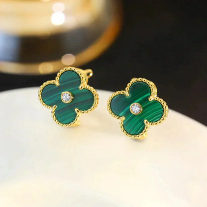 [Elitejewels]CLOVER MEDIUM 1 MOTIFS MALACHITE DIAMOND EARRINGS