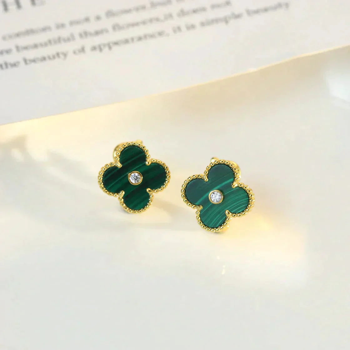 [Elitejewels]CLOVER MEDIUM 1 MOTIFS MALACHITE DIAMOND EARRINGS