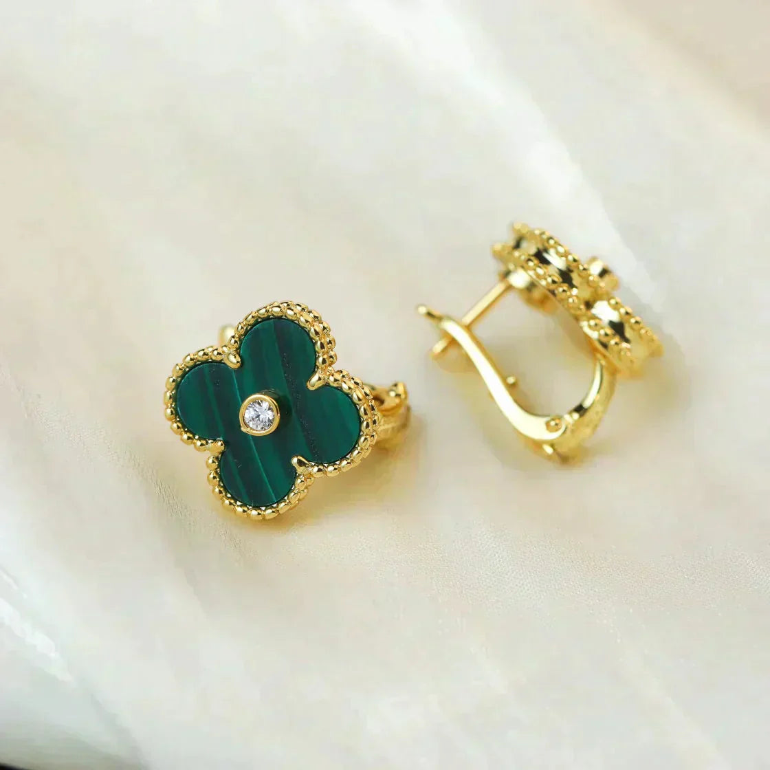 [Elitejewels]CLOVER MEDIUM 1 MOTIFS MALACHITE DIAMOND EARRINGS