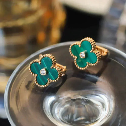 [Elitejewels]CLOVER MEDIUM 1 MOTIFS MALACHITE DIAMOND EARRINGS