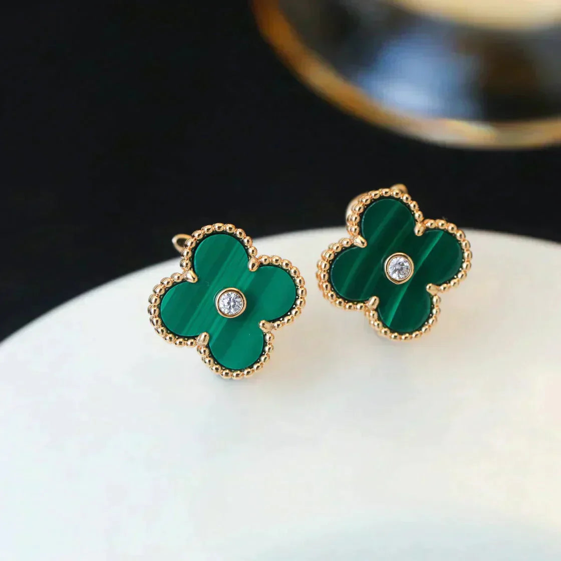 [Elitejewels]CLOVER MEDIUM 1 MOTIFS MALACHITE DIAMOND EARRINGS