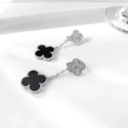 [Elitejewels]CLOVER 2 MOTIFS  DIAMOND ONYX EARRINGS SILVER