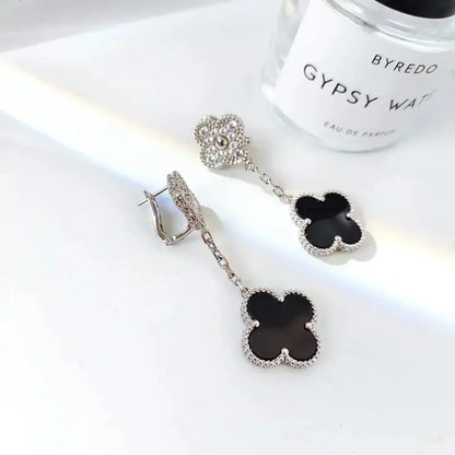 [Elitejewels]CLOVER 2 MOTIFS  DIAMOND ONYX EARRINGS SILVER