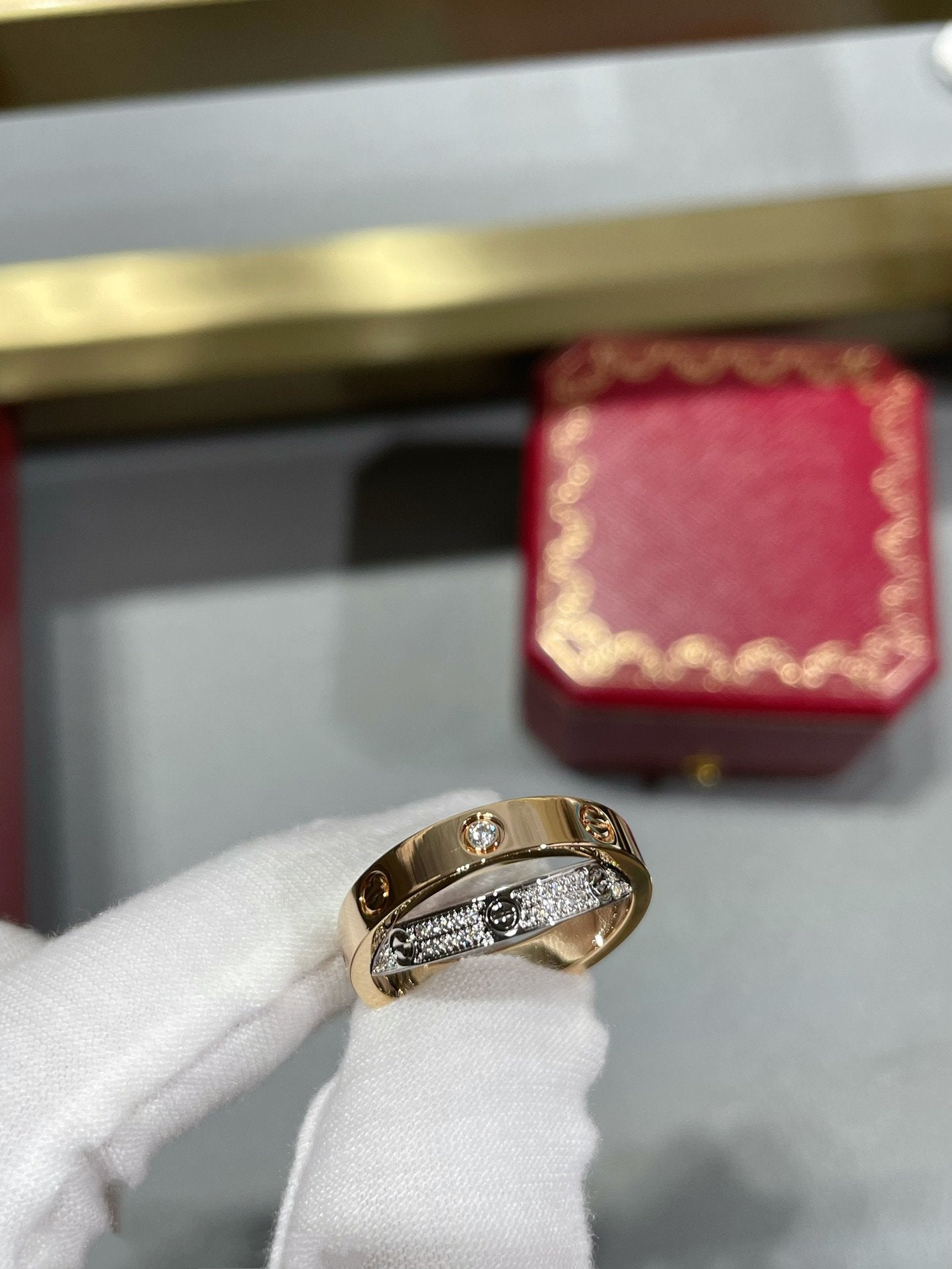 [Everoly JW]LOVE PINK GOLD SILVER DIAMOND DOUBLE RING