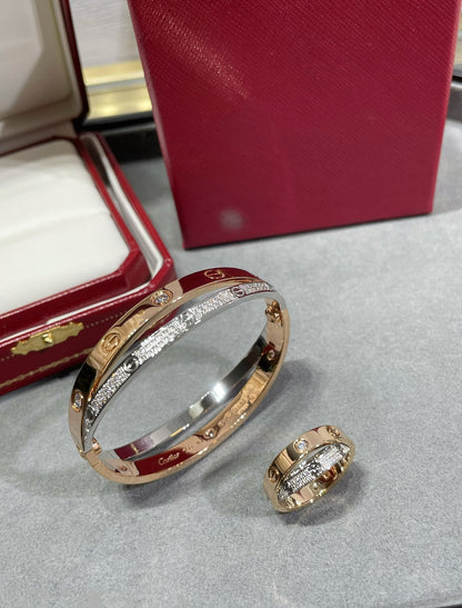 [Elitejewels]LOVE PINK GOLD SILVER DIAMOND DOUBLE RING