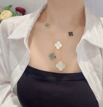 [Everoly JW]CLOVER 6 MOTIF MOP ONYX GOLD NECKLACE