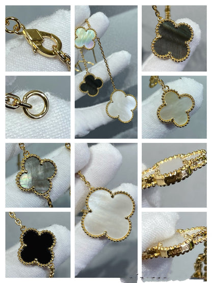 [Elitejewels]CLOVER 6 MOTIF MOP ONYX GOLD NECKLACE