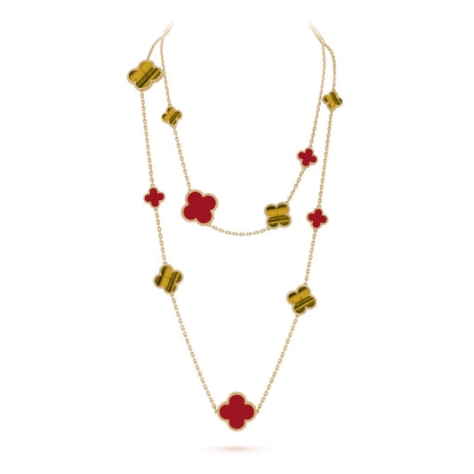 [Elitejewels]CLOVER 16 MOTIF CARNELIAN TIGER EYE ROSE GOLD NECKLACE