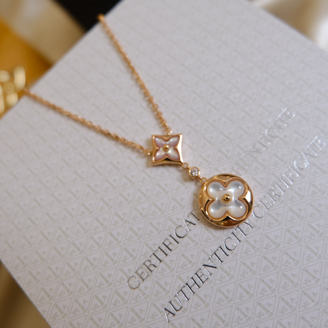 [Elitejewels]STAR AND SUN WHITE MOP 2 MOTIF PINK GOLD NECKLACE