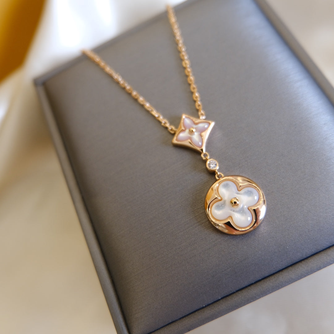 [Elitejewels]STAR AND SUN WHITE MOP 2 MOTIF PINK GOLD NECKLACE