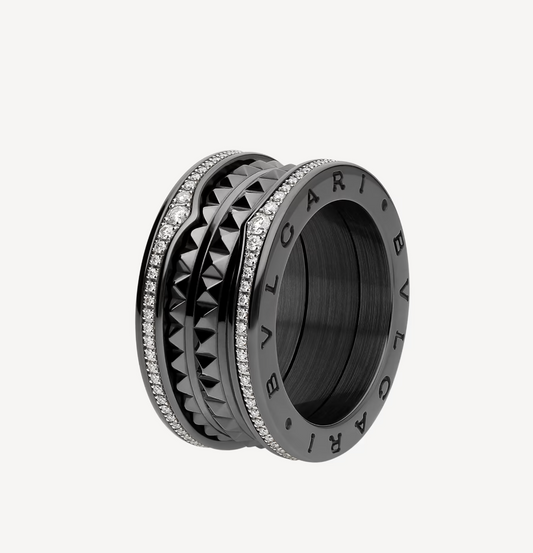 [Elitejewels]ZERO 1 ROCK FOUR-BAND BLACK CERAMIC WITH STUDDED SPIRAL AND PAVED DIAMONDS RING