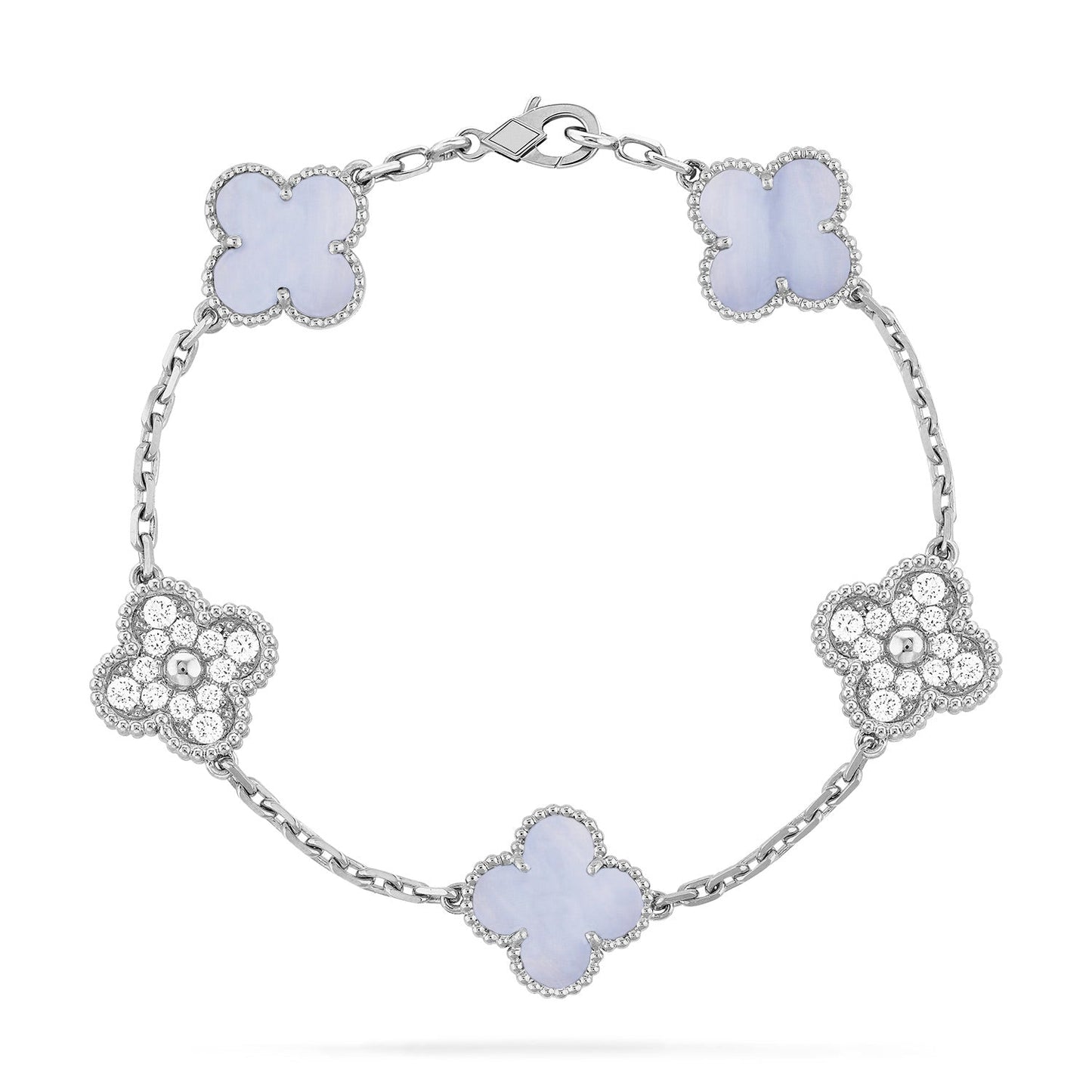 [Elitejewels]CLOVER  5 MOTIF DIAMOND PURPLE CHALCEDONY BRACELET SILVER