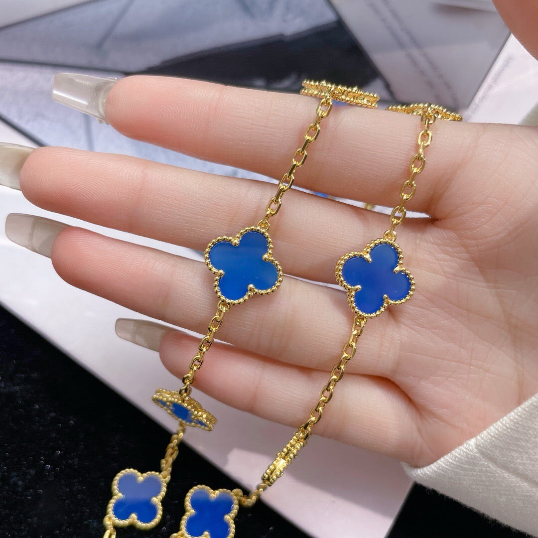 [Elitejewels]CLOVER 10 MOTIFS BLUE AGATE NECKLACE