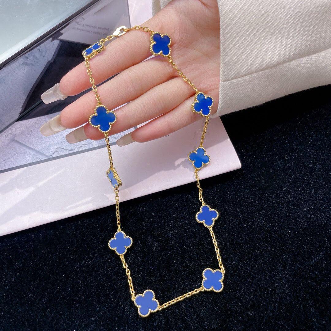 [Elitejewels]CLOVER 10 MOTIFS BLUE AGATE NECKLACE