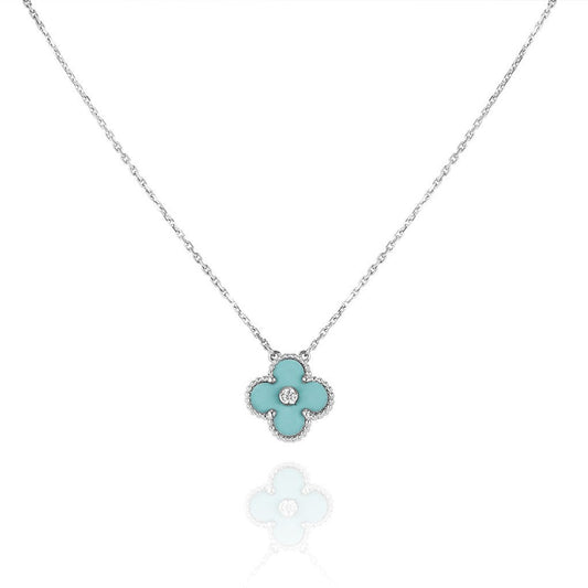 [Elitejewels]CLOVER 1 DIAMOND LIGHT BLUE SILVER NECKLACE