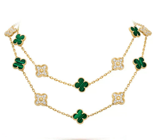 [Elitejewels]CLOVER 20 MOTIFS MALACHITE DIAMOND NECKLACE