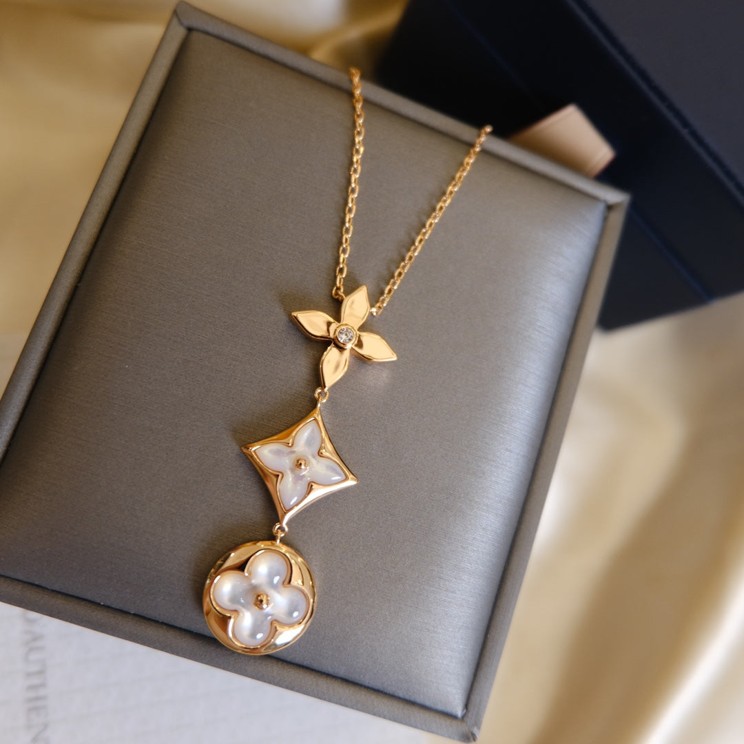 [Everoly JW] COLOR BLOSSOM LARIAT HALSKETTE ROSA GOLD WEIßE PERLE UND DIAMANT