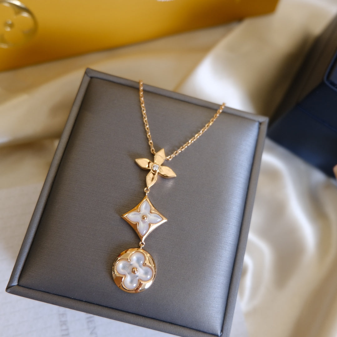 [Everoly JW] COLOR BLOSSOM LARIAT HALSKETTE ROSA GOLD WEIßE PERLE UND DIAMANT