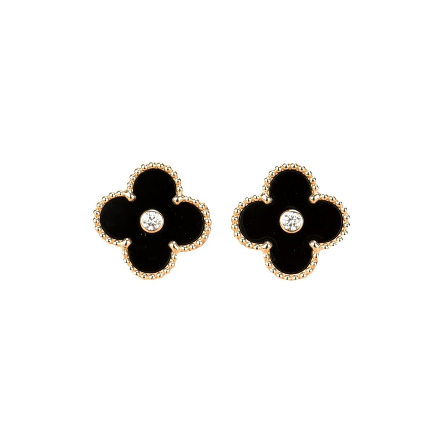 [Elitejewels]CLOVER MEDIUM 1 MOTIFS ONYX DIAMOND EARRINGS