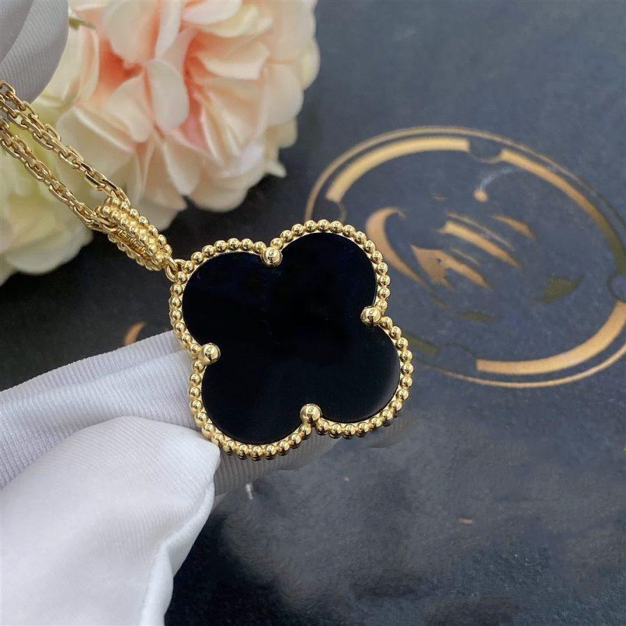 [Elitejewels]CLOVER 25MM GOLD ONYX BIG CLOVER NECKLACE