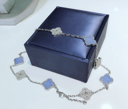 [Everoly JW]クローバー 10モチーフ カルセドニー ダイヤモンド シルバーネックレス